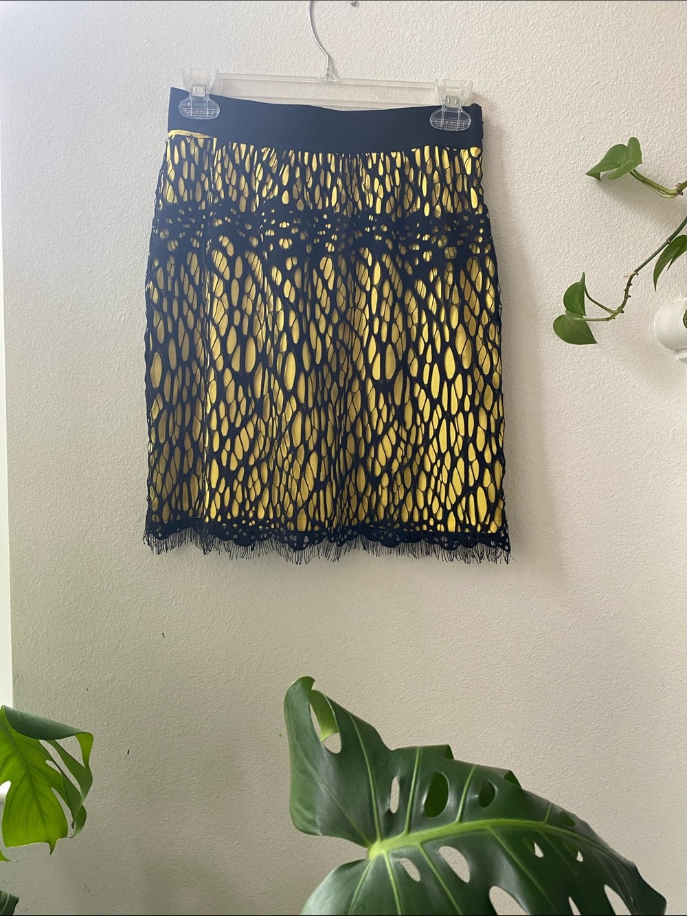Robert Rodriguez Black Lace Overlay Mini Skirt with Yellow Underlay